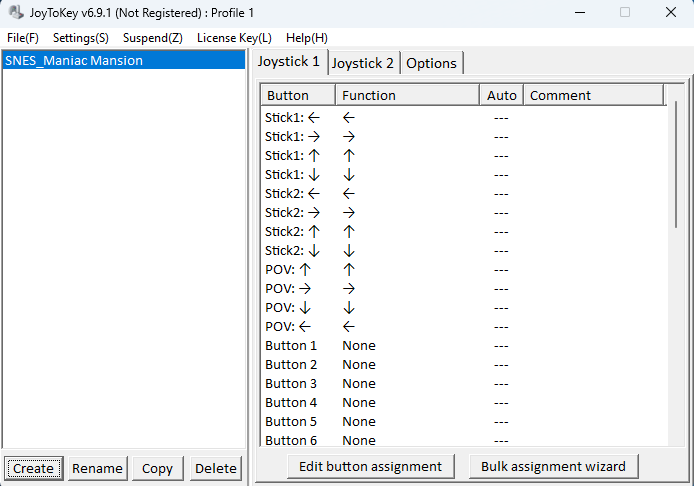 alt=A screenshot of the Joy2key software interface, used for mapping gamepad buttons to keyboard functions.