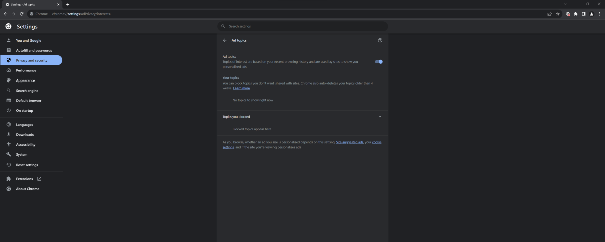 Google Chrome Ad Topics settings