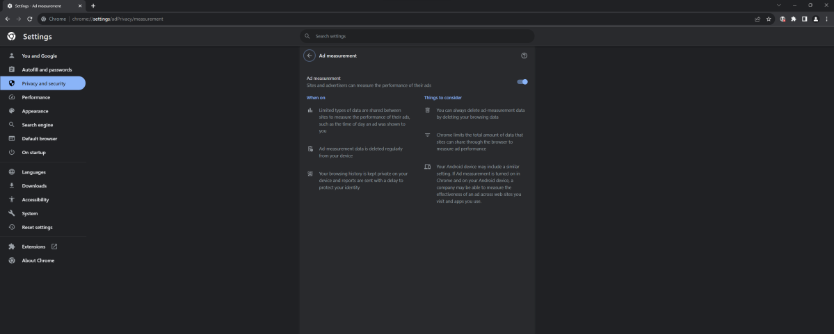 Google Chrome Ad measurement settings