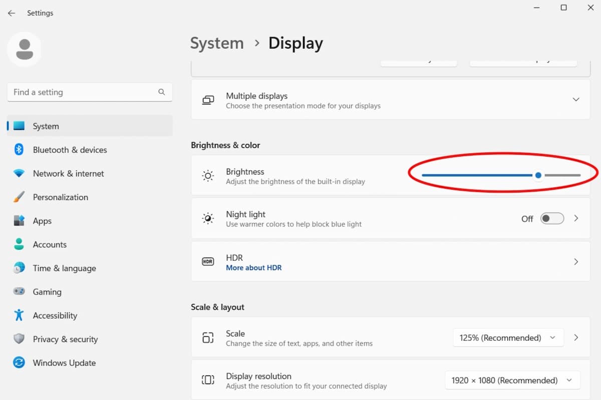 Brightness slider in Windows 11 Display settings