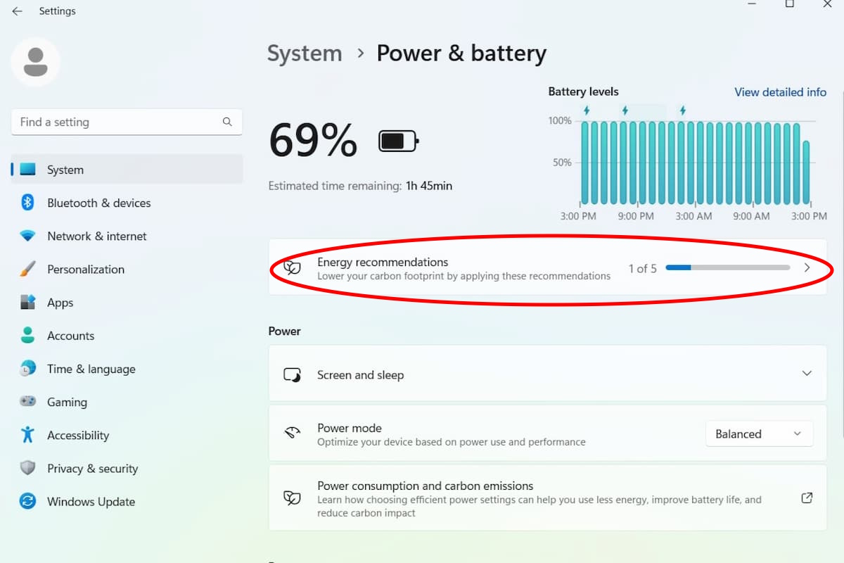 Opening the Energy Recommendations Menu