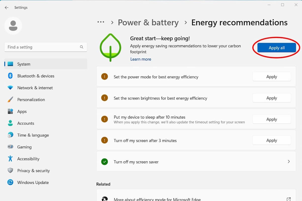 Applying All Recommended Energy Settings
