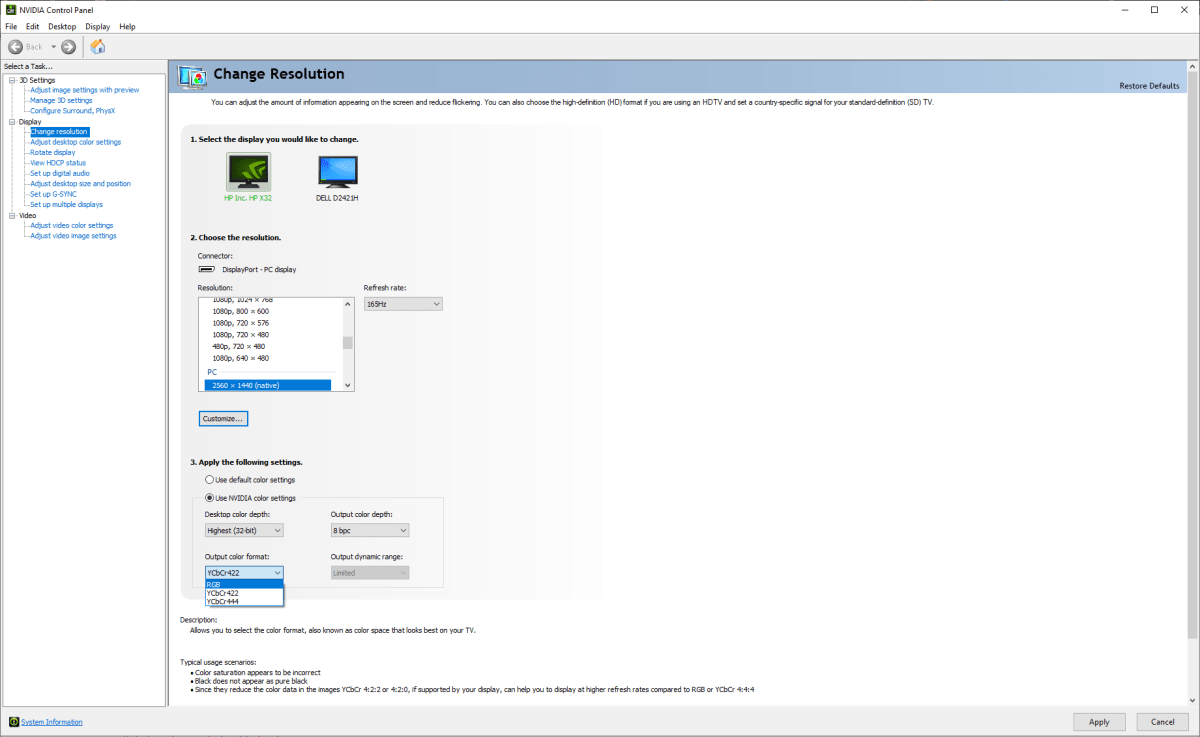 Nvidia Control Panel showing color format adjustment options