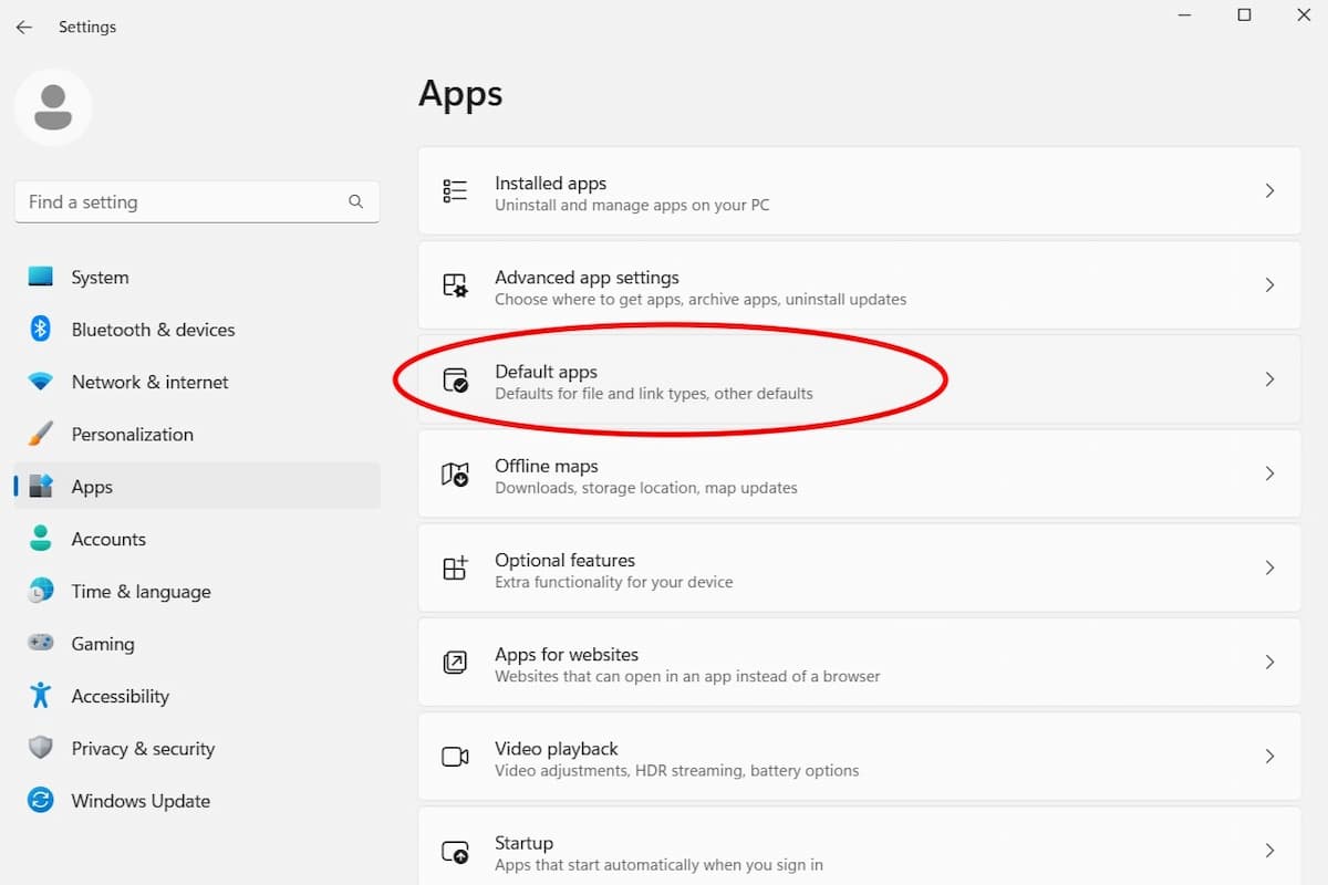 The "Default apps" section in the Windows 11 Apps settings.