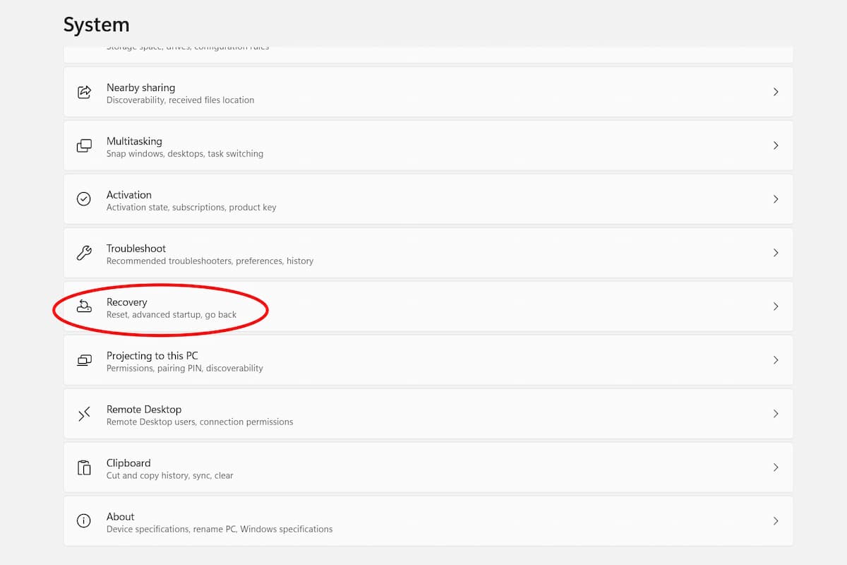 Navigating to the Recovery option within Windows 11 Settings.