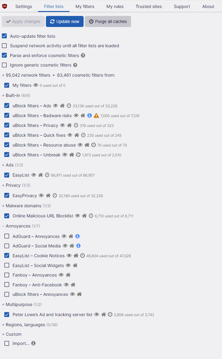 uBlock Origin Filter lists