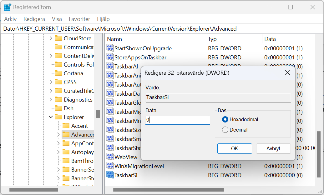 Setting the TaskbarSi value data