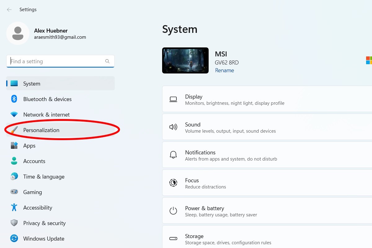 Navigating to Personalization settings