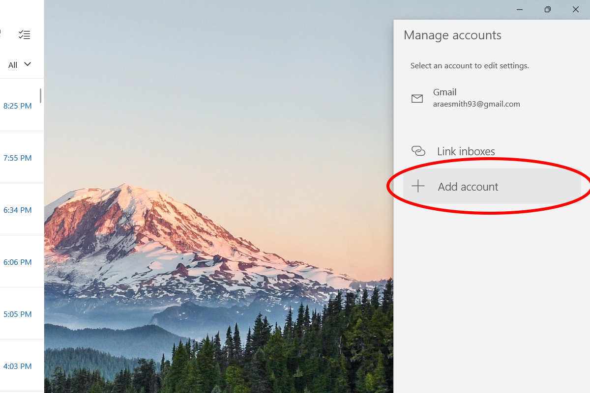 The Manage accounts window