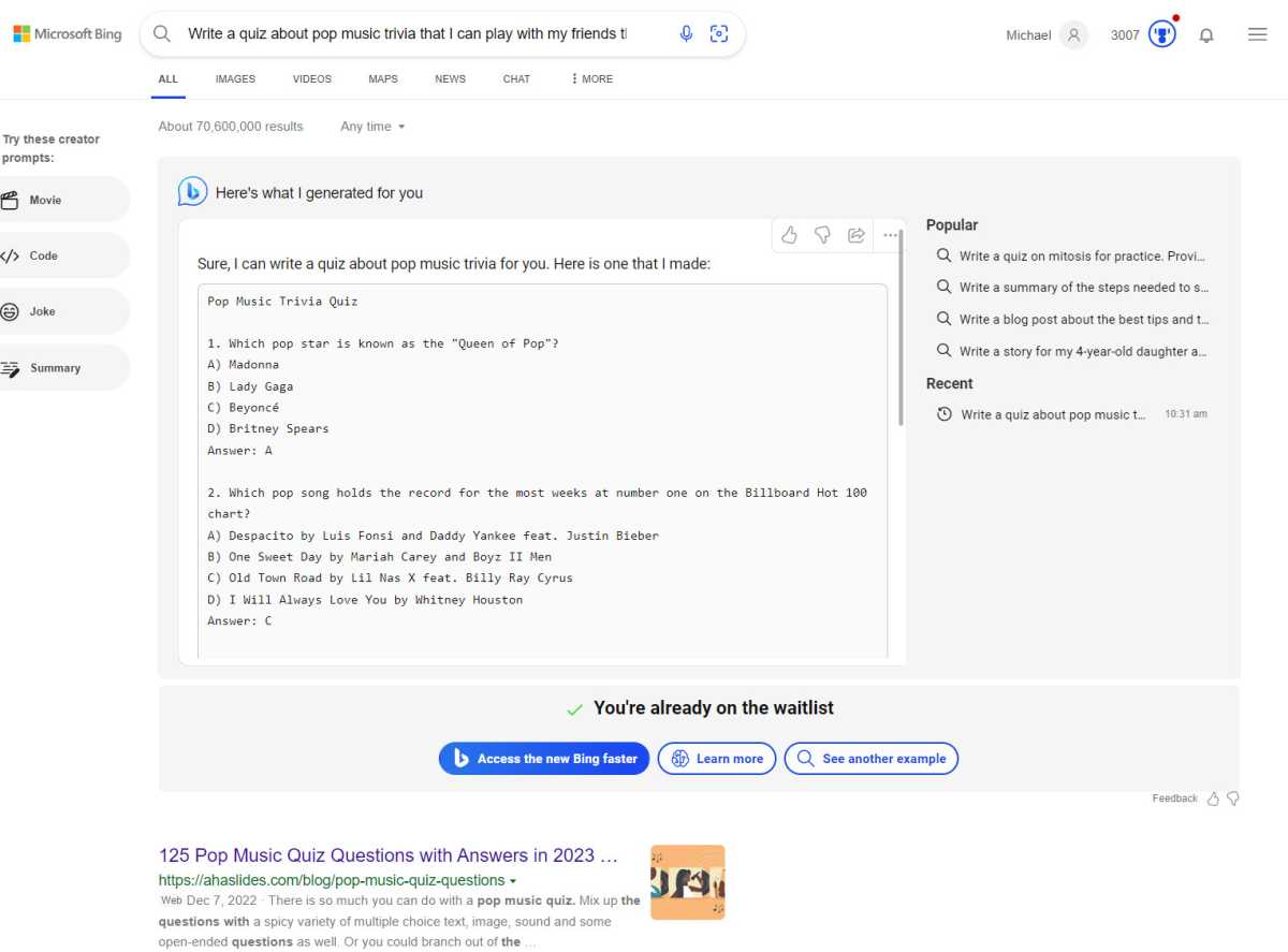 alt: A screenshot of the Bing AI generating a music trivia quiz.