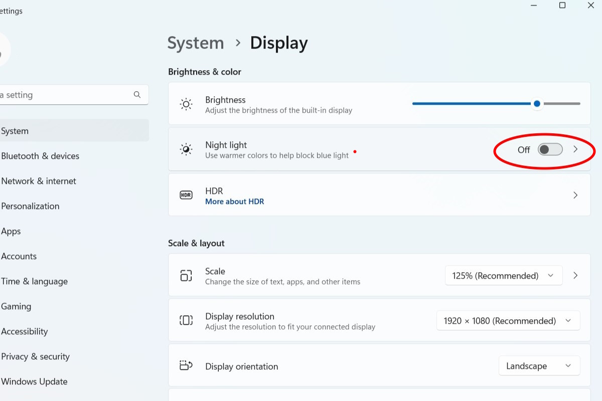 Activating Night Light using the slider in Display Settings.