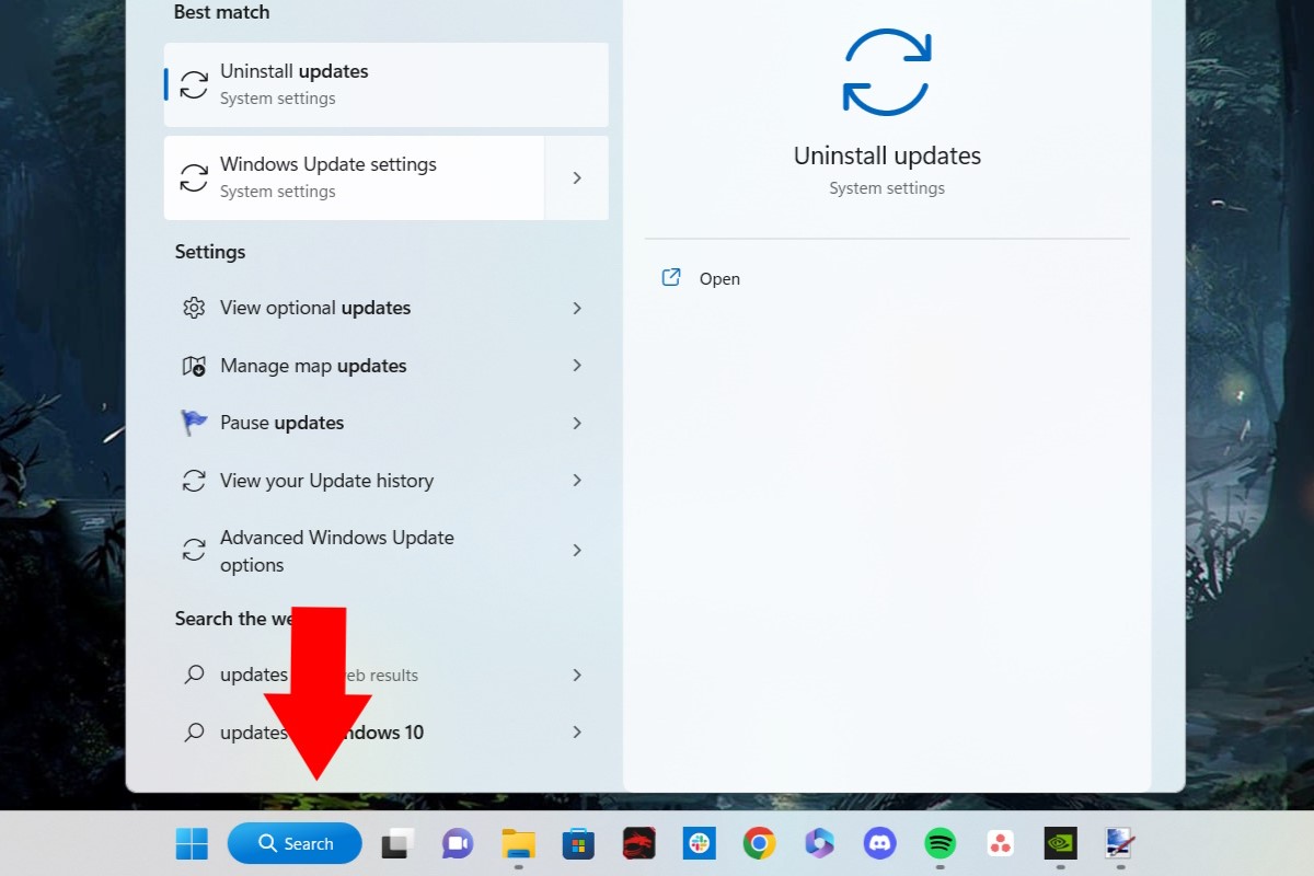 Using the Windows 11 search bar to find Windows Update settings.