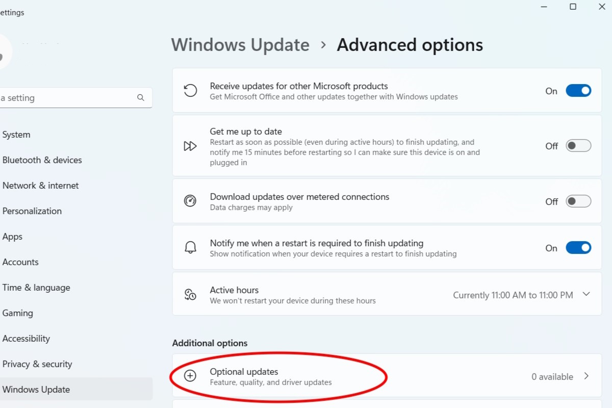 Accessing Advanced options in Windows Update to find optional updates.