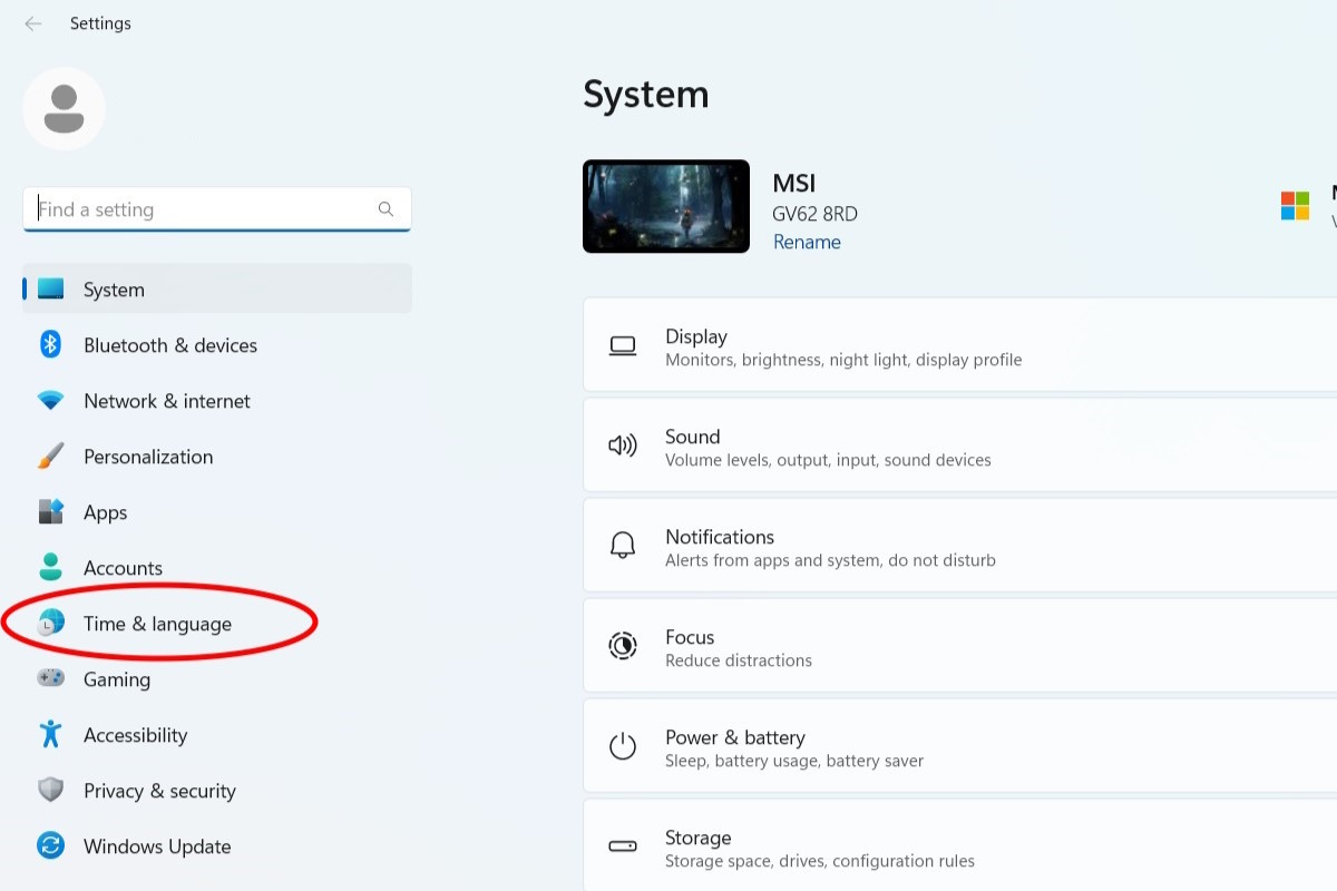 Selecting 'Time & language' in the settings menu.