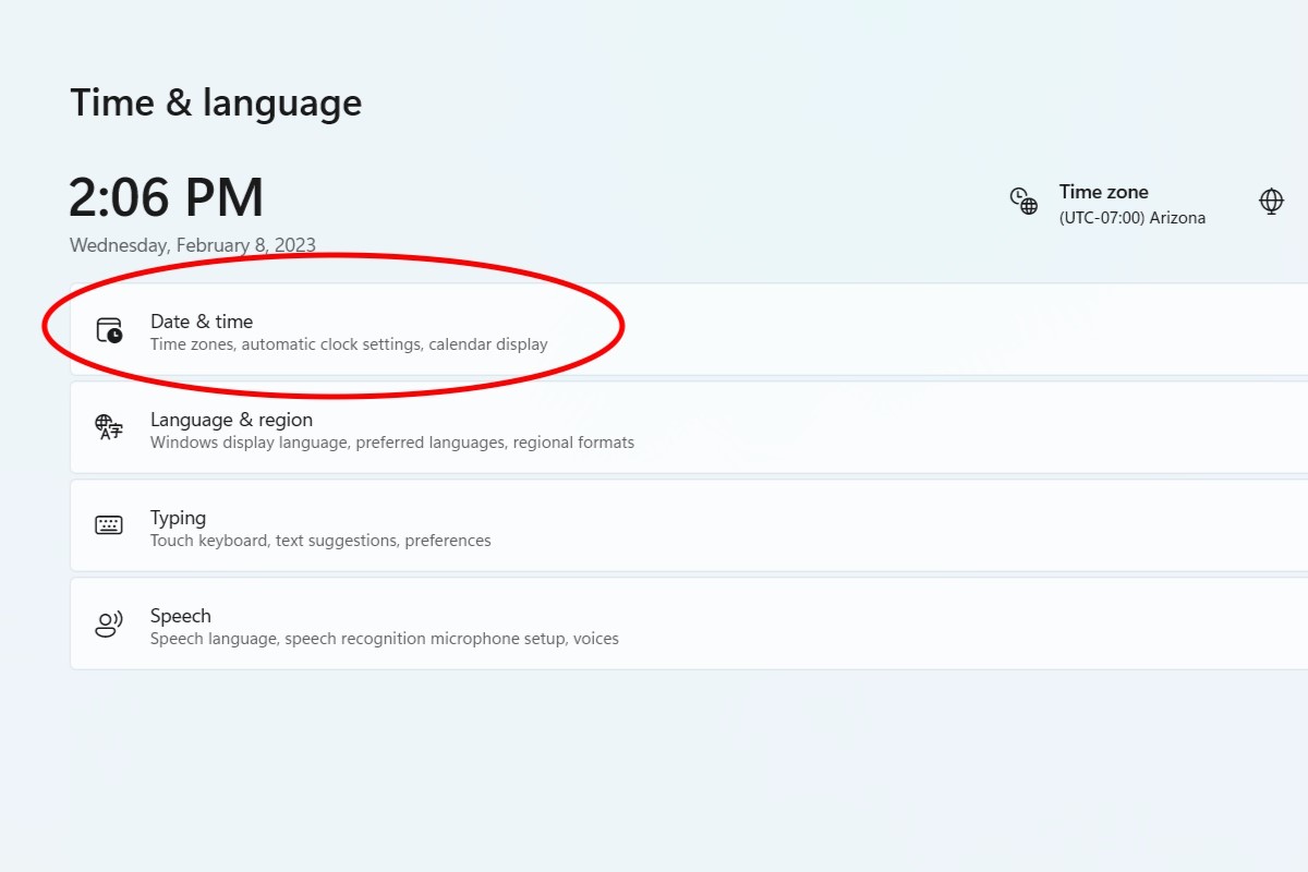 Choosing 'Date & time' within 'Time & Language'.