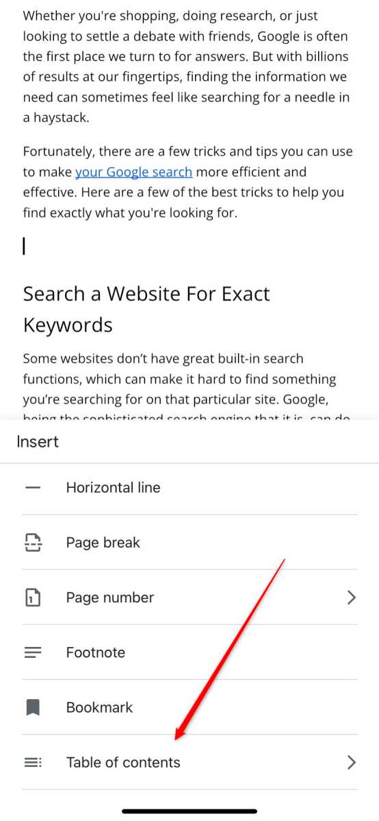 Choosing the 'Table of Contents' option on iOS
