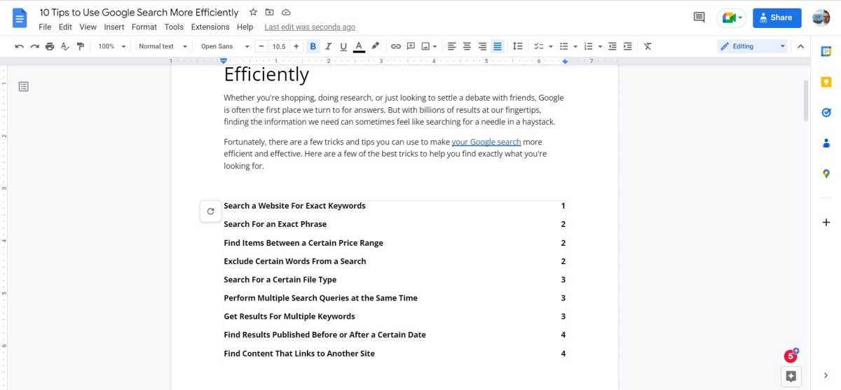 A completed Table of Contents in Google Docs