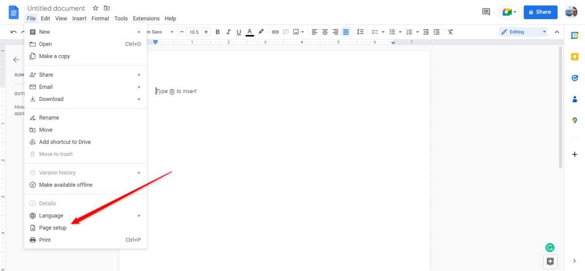 Accessing the File menu in Google Docs.