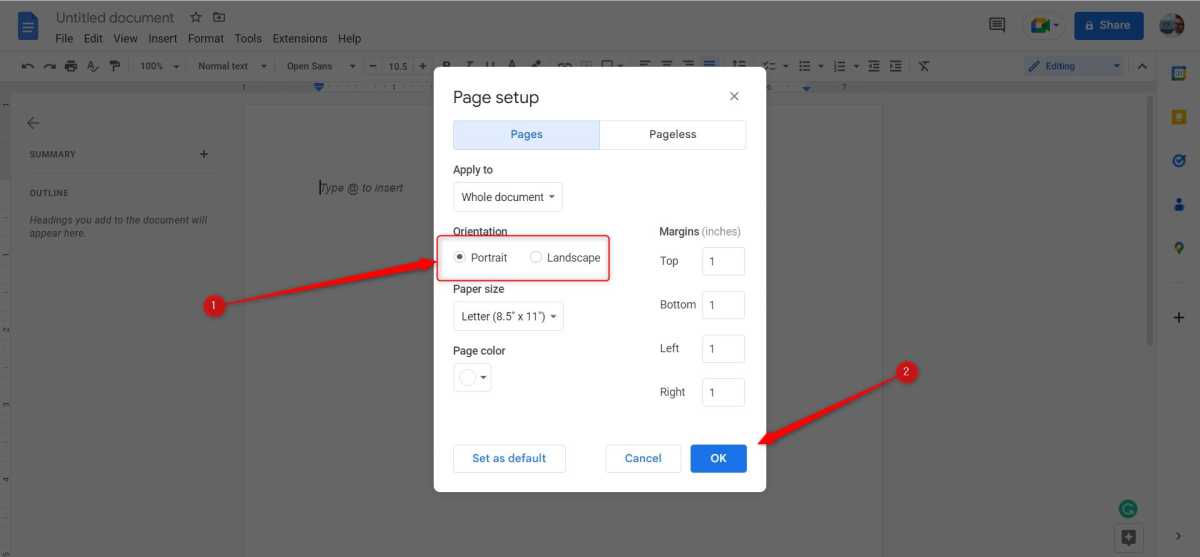 Accessing Page Setup in Google Docs.