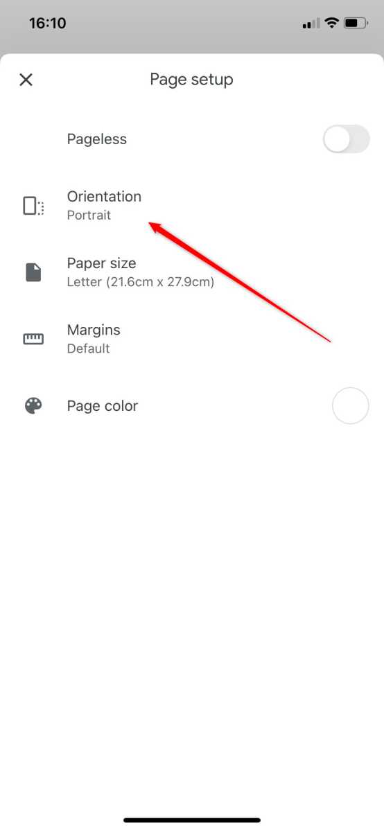 Selecting Orientation in Google Docs mobile.