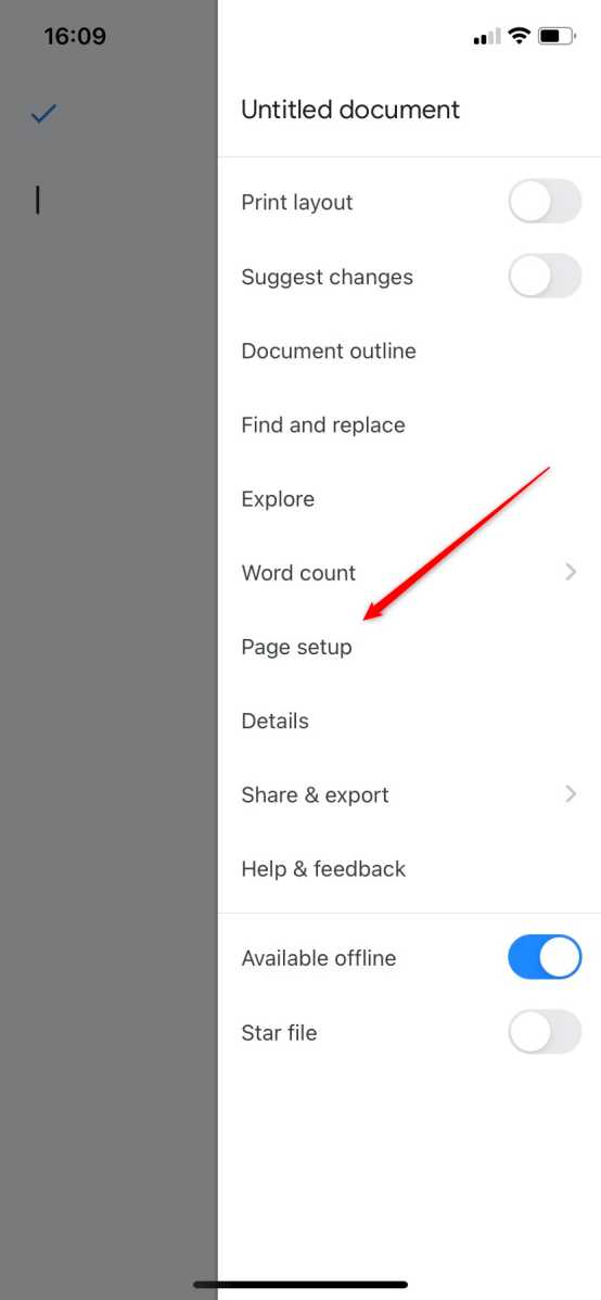 Accessing Page Setup in Google Docs mobile.