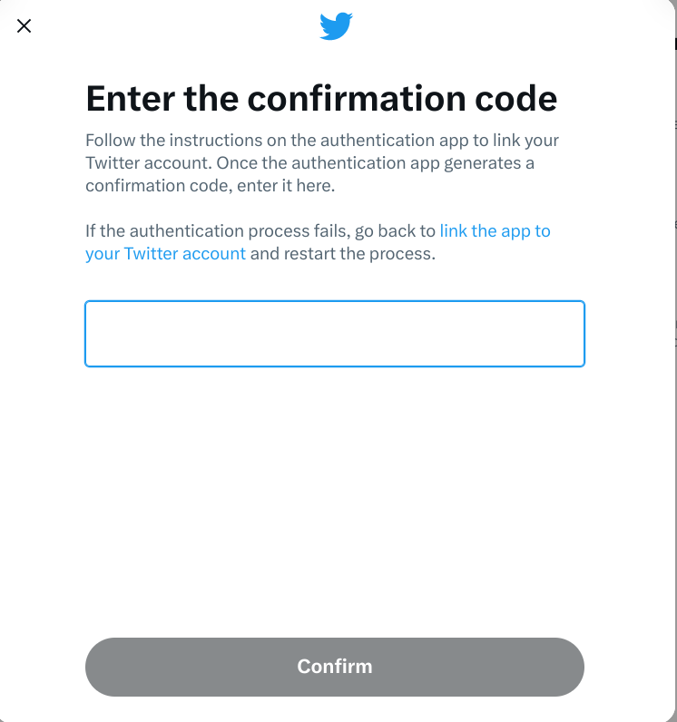 Entering the confirmation code from the authentication app