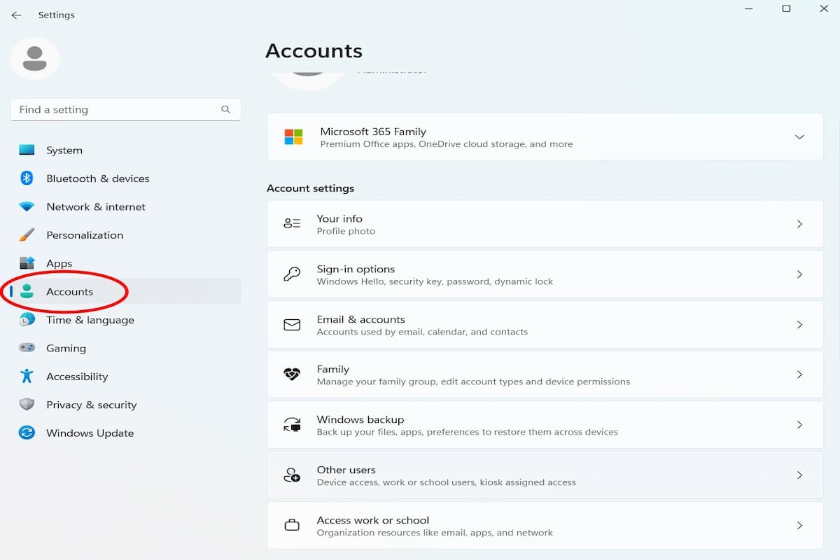 Selecting Accounts in Settings