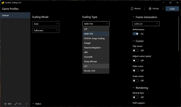 alt text: Lossless Scaling application interface in Windows.