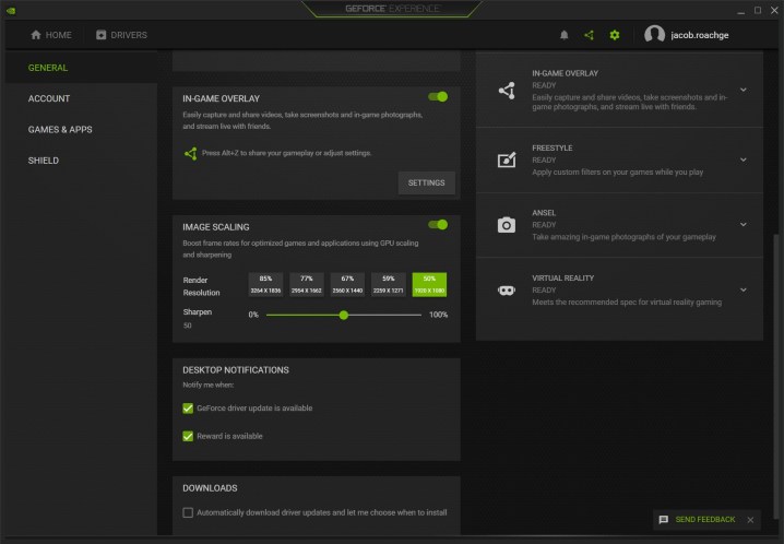 alt text: Nvidia GeForce Experience application showcasing image sharpening settings.