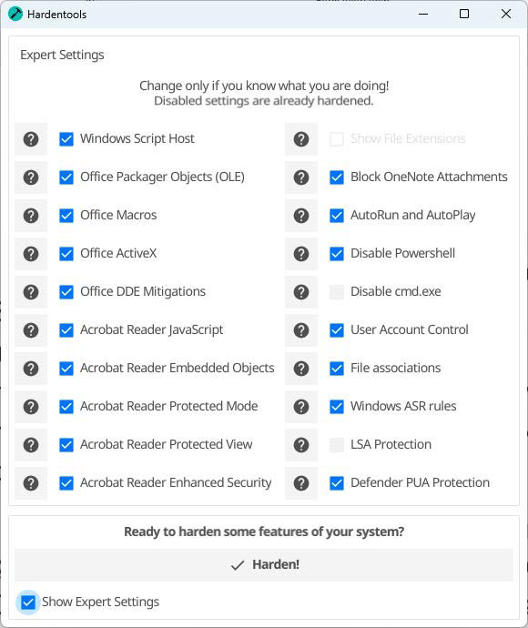 Hardentools interface