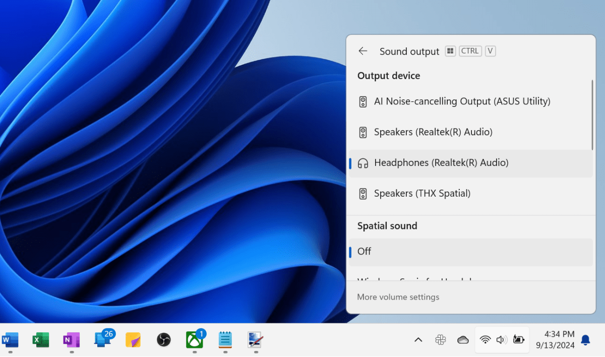 Windows 11 Sound Output menu selection from taskbar screenshot