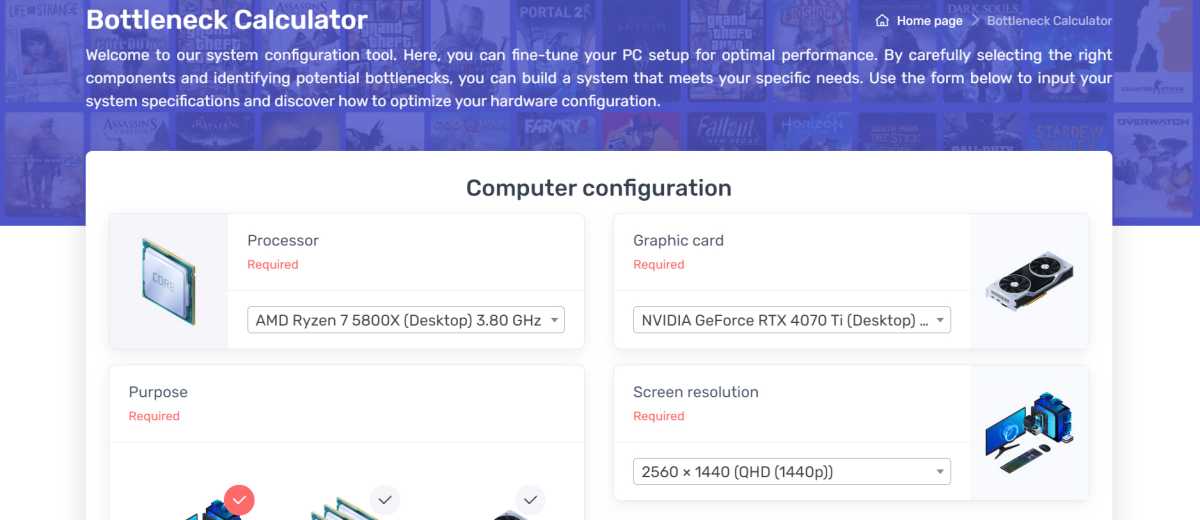 alt text: A screenshot of the PC Builds Bottleneck Calculator, showing GPU compatibility and potential bottlenecks.