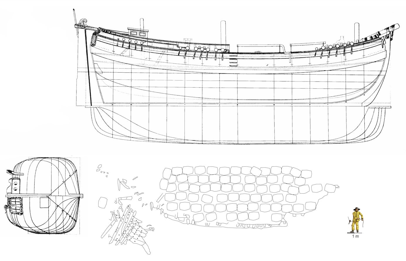 A graphic depicting the probable construction of the ship and the layout of the wreck.