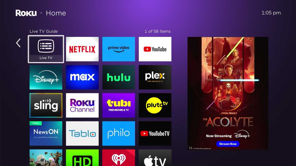 alt: Roku app grid with four columns instead of three, demonstrating the smaller tile size option.