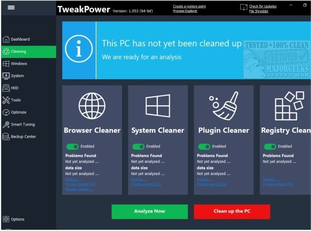 Alt text: The TweakPower interface displaying various system optimization, cleaning, and security options.