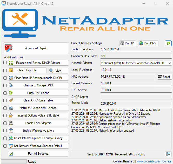 Alt text: A screenshot of the NetAdapter Repair tool interface showing various network repair options.