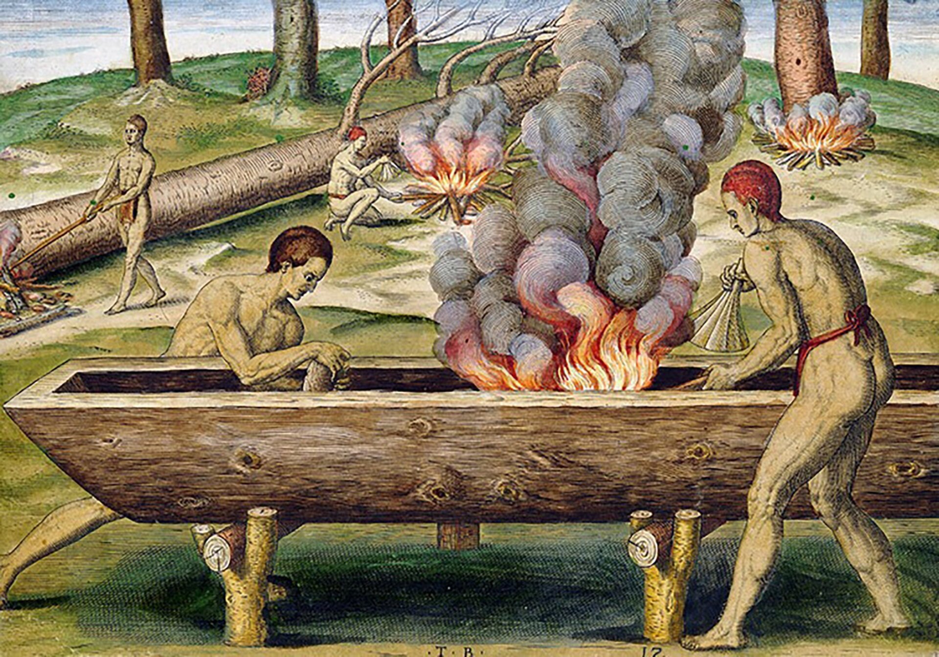 An illustration of the Mapuche method of crafting dugout canoes with fire.