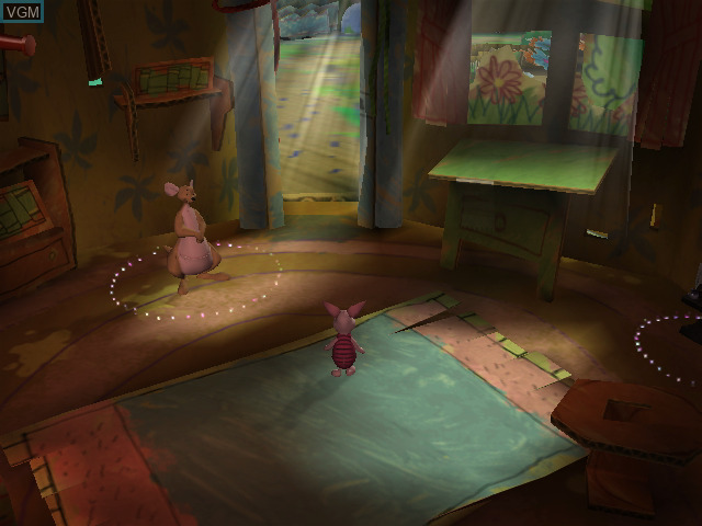 Piglet in a big room with sun shining through the windows. Kanga is standing in a highlighted circle nearby.