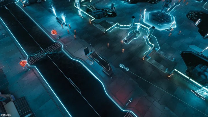 A light cycle moves through a street in Tron: Catalyst.