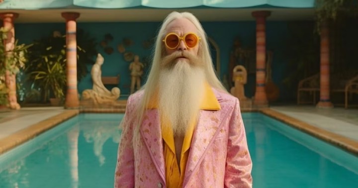 Professor Dumbledore by a pool in Wes Anderson