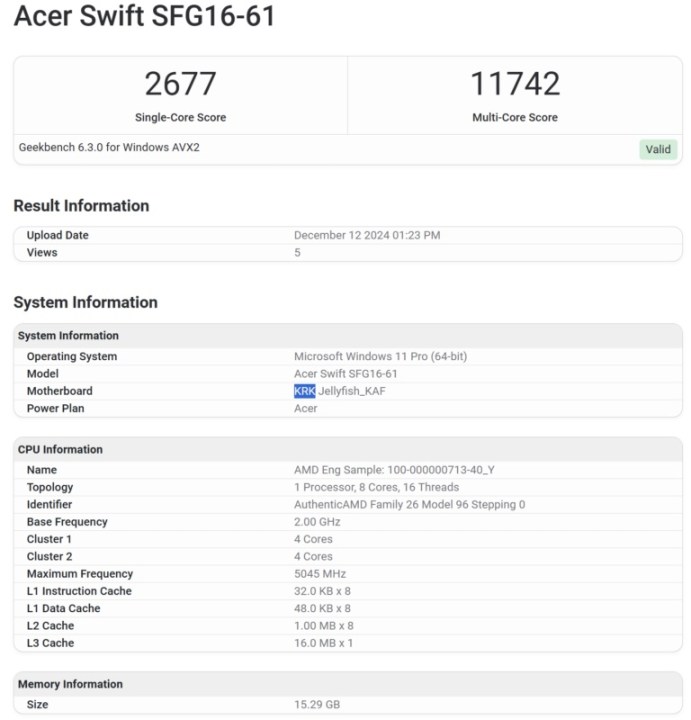 Leaked Geekbench 6 scores of upcoming AMD Krackan Point Ryzen AI 7 350.