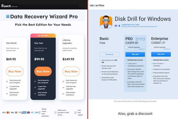 alt text: Pricing tiers for EaseUS Data Recovery Wizard Pro and Disk Drill Pro.