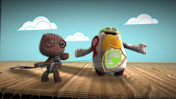 Alt text: A promotional image for LittleBigPlanet 3 showing Sackboy and another character interacting with green yarn.