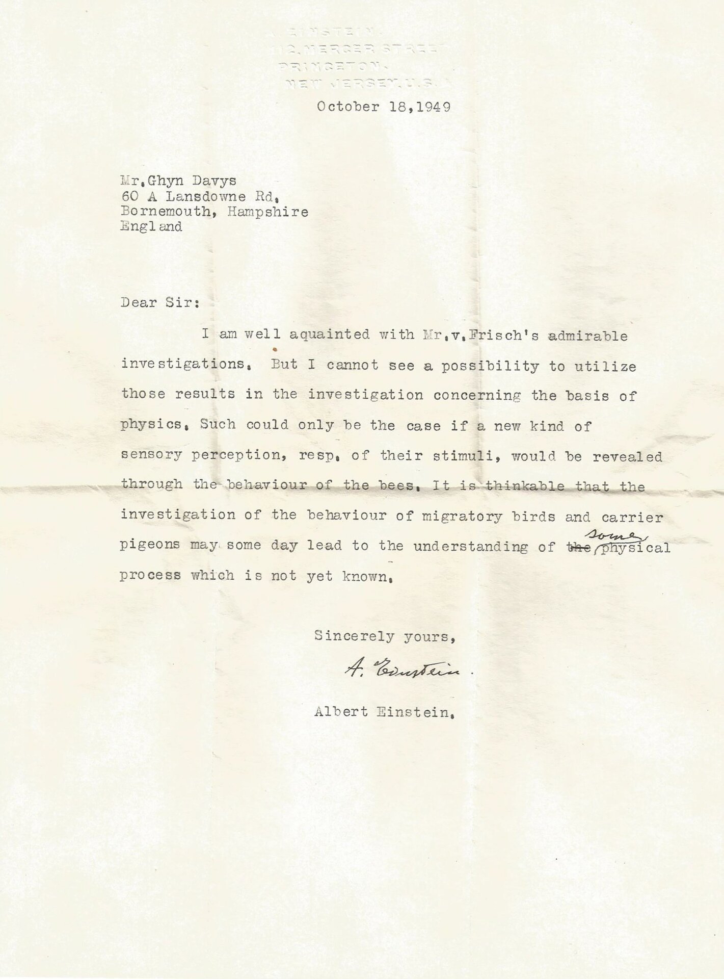 Einstein's letter to Glyn Davys, discussing animal navigation and potential new physics. 