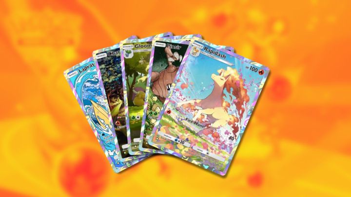 Lapras, Charmander, Gloom, Pinsir, and Rapidash illustration cards in Pokémon TCG Pocket.