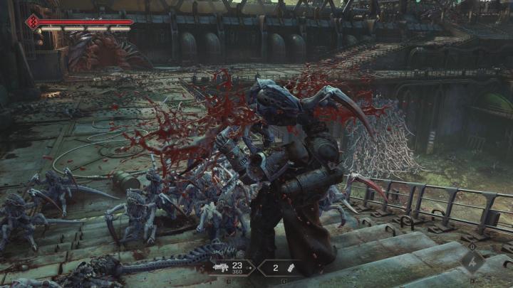 The image shows the player fighting off numerous Termagants and Hormagaunts.