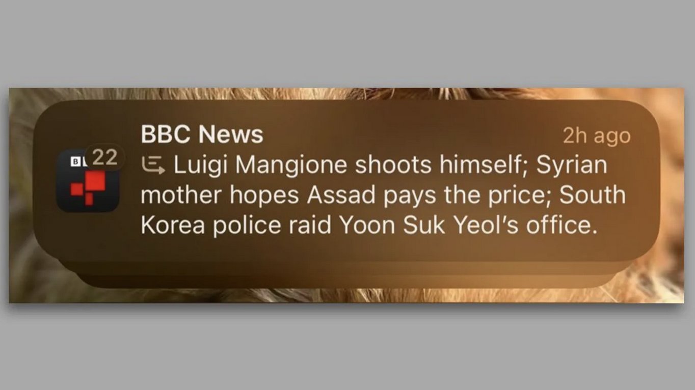 Screenshot from an iPhone showing a notification from the BBC that is summarized incorrectly.