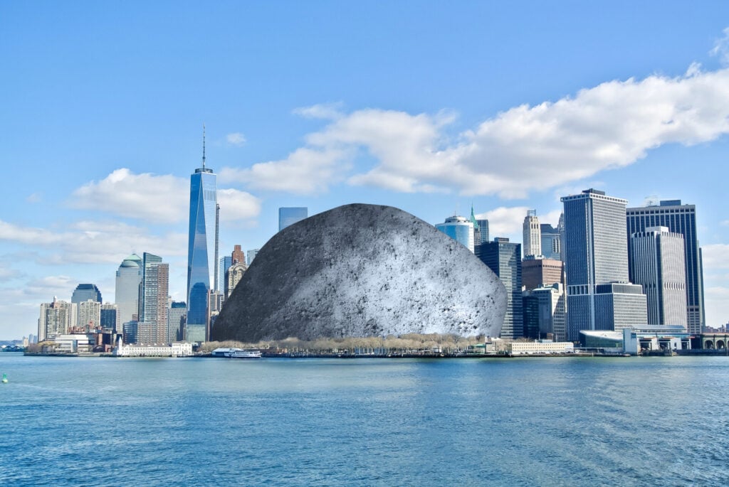 An artist’s concept showing Apophis’ size relative to Lower Manhattan.