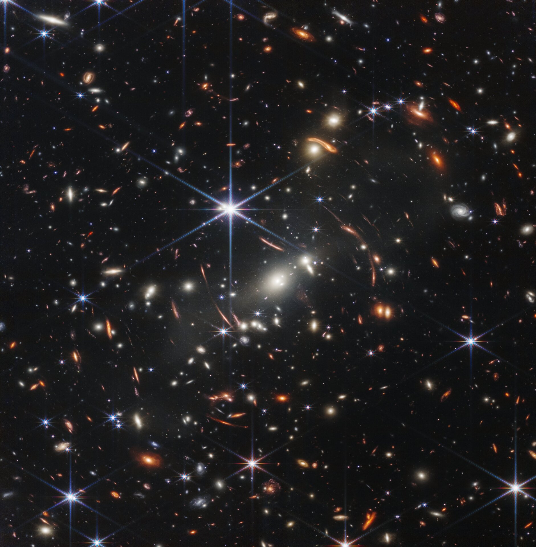 The Webb Space Telescope’s first deep field, showing gravitational lensing.