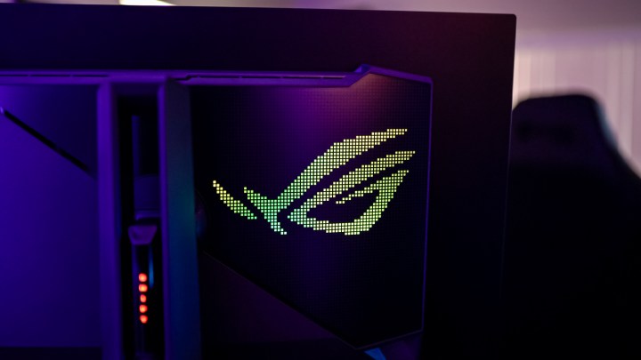 ROG logo illuminated on the stand.